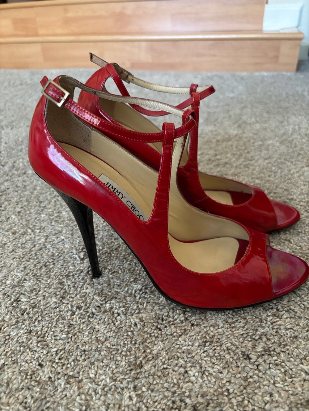 Jimmy Choo Red Patent Leather Open-Toe Heels 8.5 - Picture 2 of 8